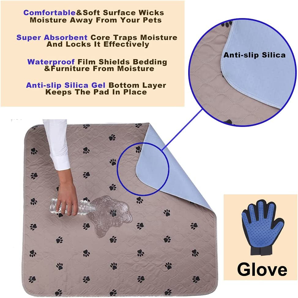 Reusable Pee Pad + Free Puppy Grooming Gloves/Quilted, Fast Absorbing Machine Washable Dog Whelping Pad/Waterproof Puppy Training Pad/Housebreaking Absorption Pads