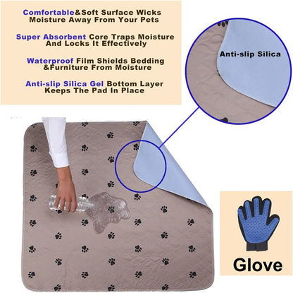 Reusable Pee Pad + Free Puppy Grooming Gloves/Quilted, Fast Absorbing Machine Washable Dog Whelping Pad/Waterproof Puppy Training Pad/Housebreaking Absorption Pads